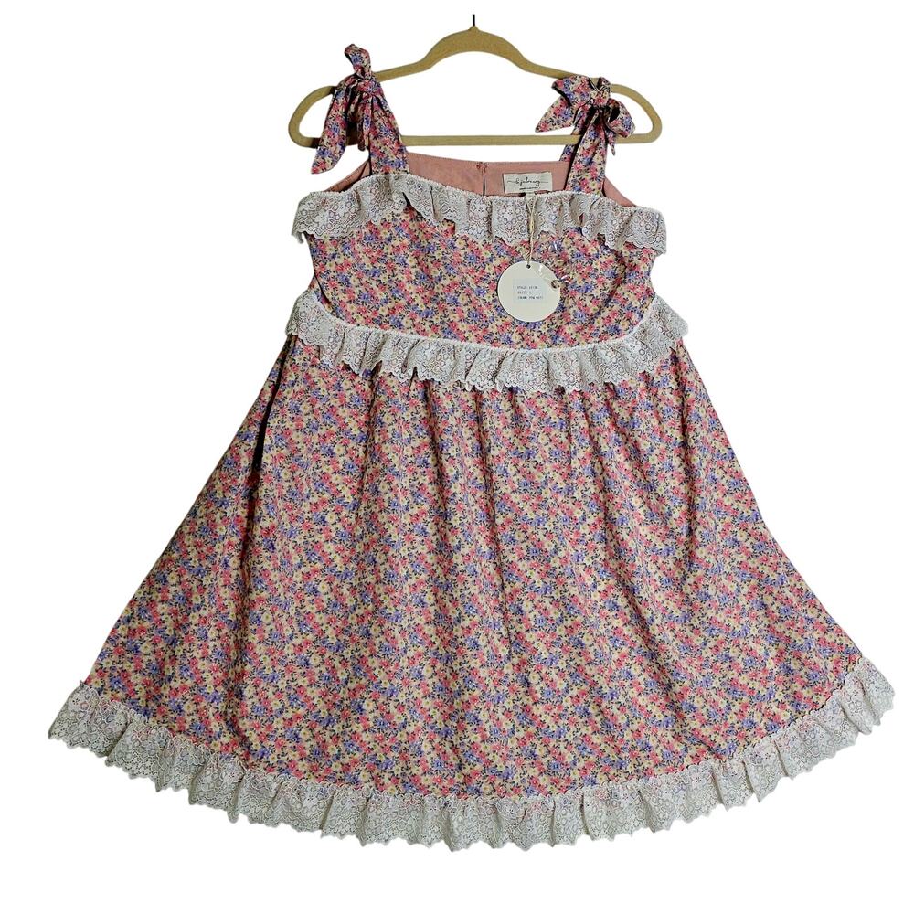 La February Pink NWT‎ L Baby Doll w Lace Accent Short Dress. Ribbons tieup top.